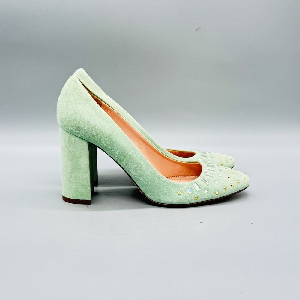 J Crew Shoes Womens 6 Green Suede Bell Pumps Jewell Embellished Block Heel